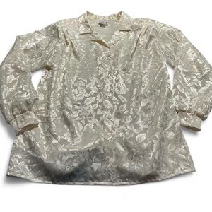 Vtg Oraré Floral Shiny Womens Cream Button-Up Blouse Sz 14 made in USA